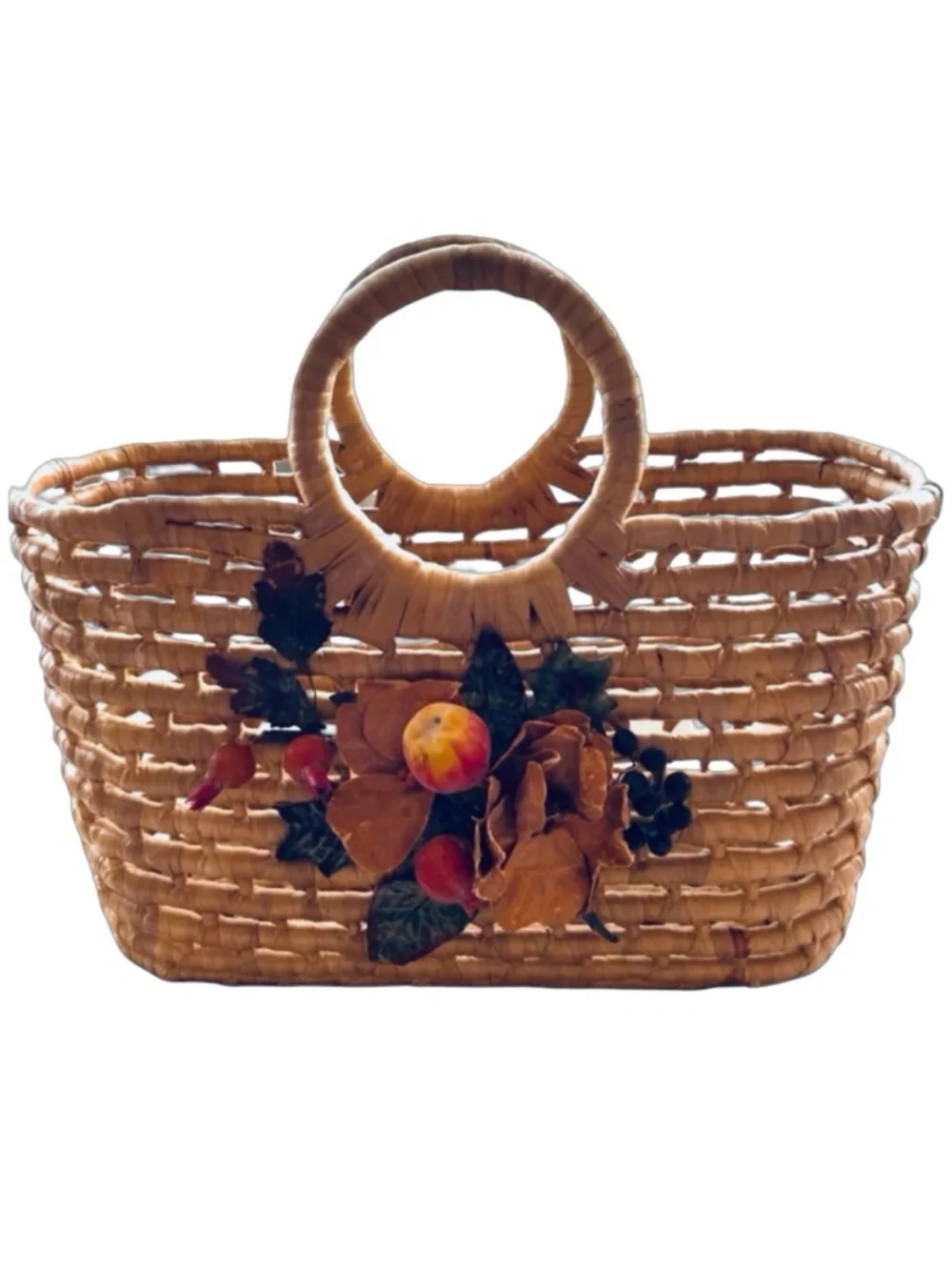 Handcrafted Woven Grass Reed Tote Handbag 16”x13”x 6” Floral Accent Summer